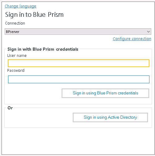 Blue Prism sign in screen with Active Directory button
